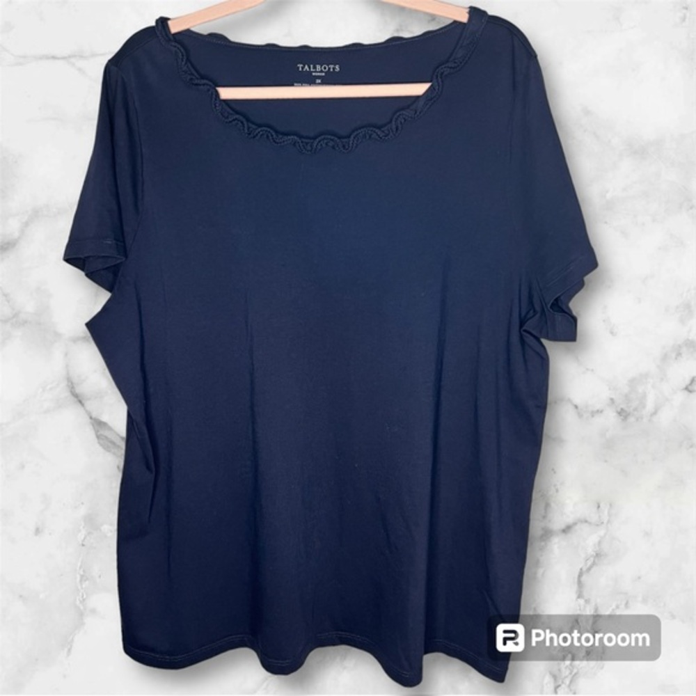 Talbots 2X Blue Stretch Weekend Ruffle Neck Short Sleeve